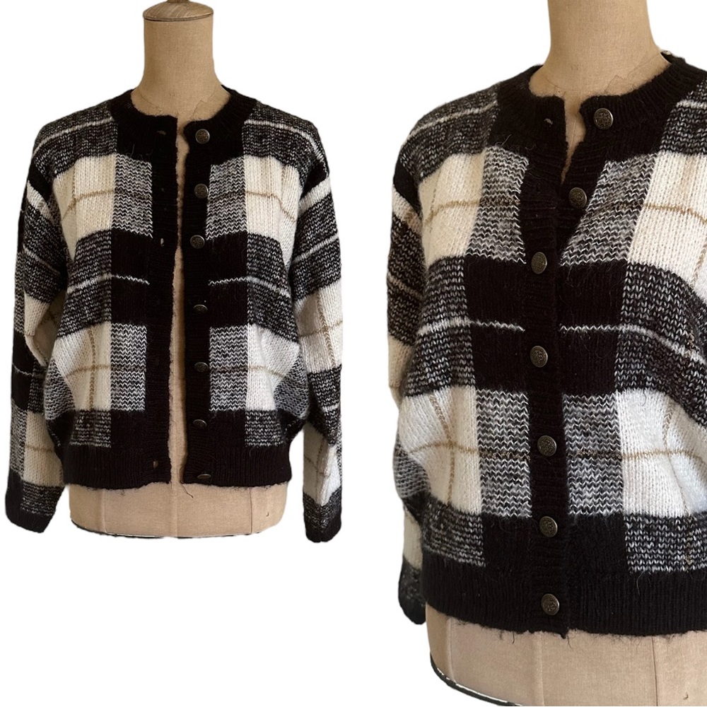 90s Vintage Christopher & Banks Black/White Plaid Button Up Knit Cardigan